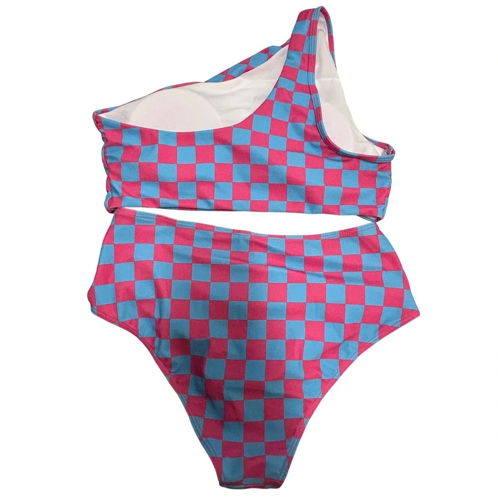 Pink Blue Checkered One Shoulder High Waisted Bikini Set Two Piece Swimsuit L